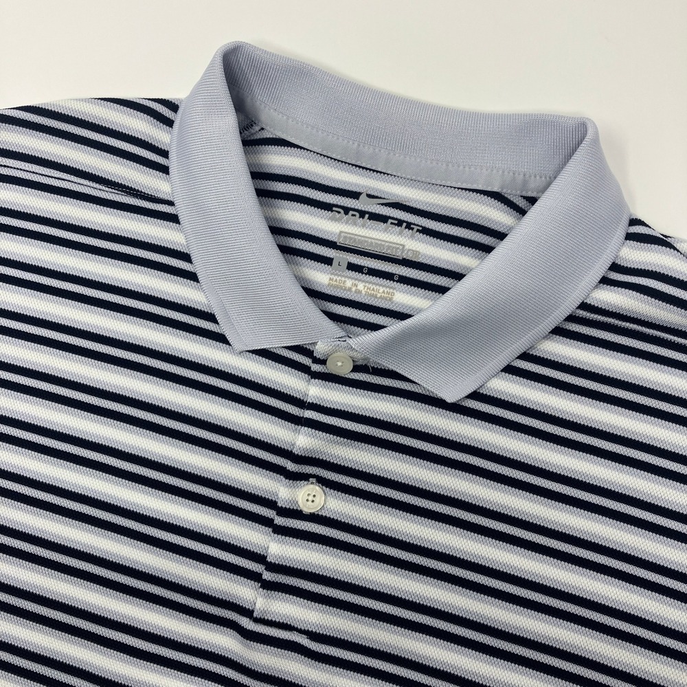 Nike Polo Shirt Mens Large L Blue White Striped‎ Dri-FIT Standard Fit Golf Tech